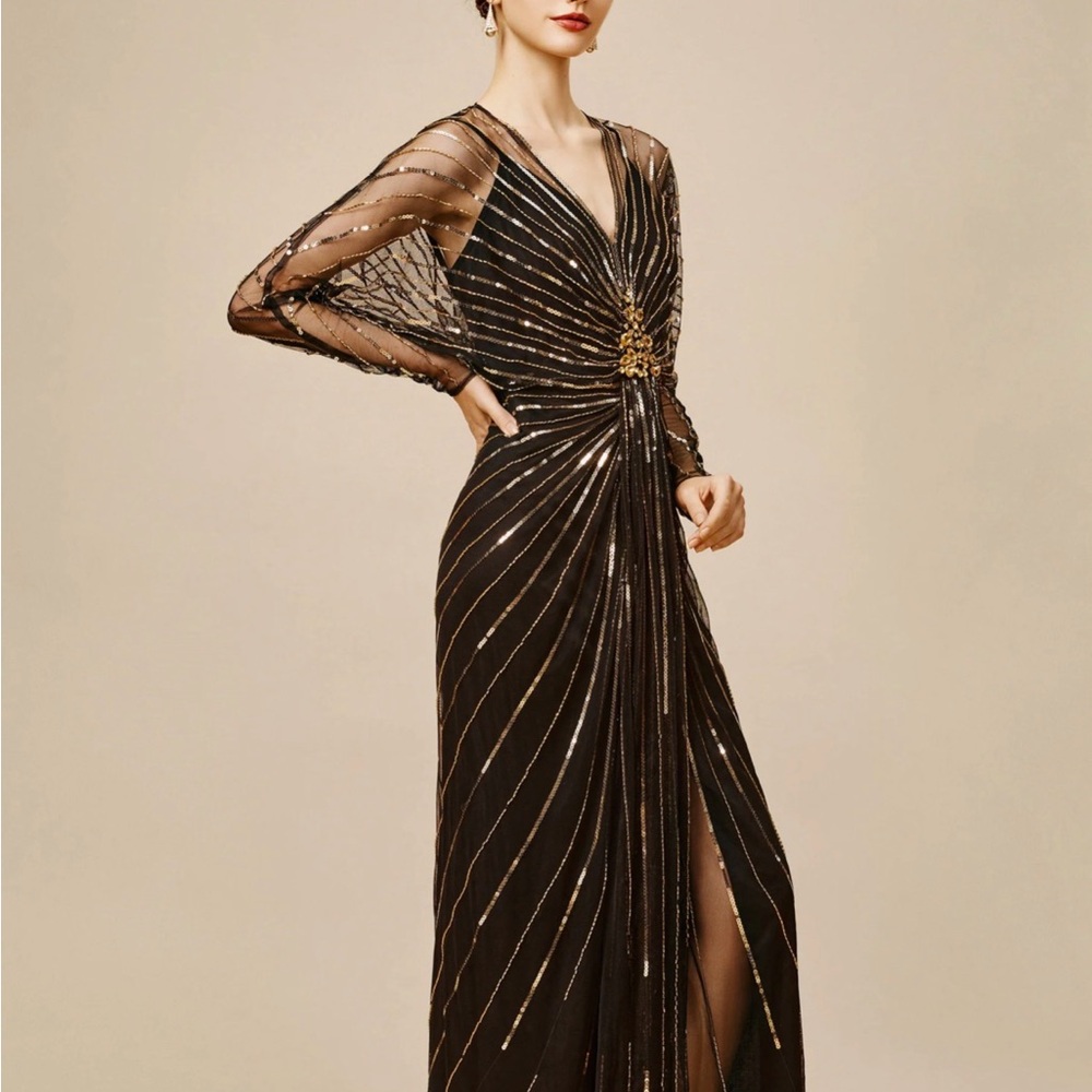 Zouzou Crystal-Encrusted Evening Gown • Elegant Black and Gold Evening Gown•